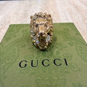 Gucci Gold Lion Head Clear Crystal Ring